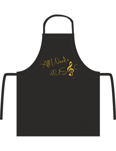 Apron note: ''All I need is music'' black/gold (embroidered)